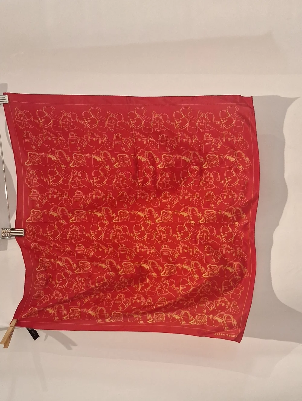 Ellen Tracy Red Square Scarf with Gold Handbag Motif